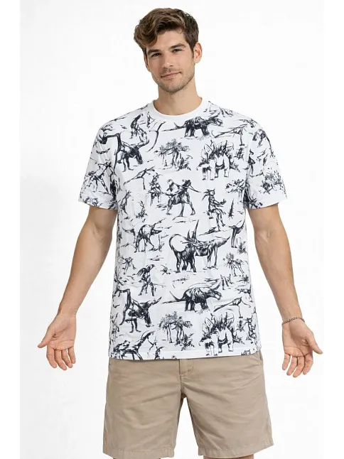 Erkek Beyaz Dinozor Desenli Tişört – Regular Fit, Bisiklet Yaka, Dijital Baskılı Pamuklu T-shirt - Beyaz