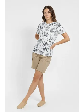 Kadın Beyaz Dinozor Desenli Tişört – Regular Kalıp, Bisiklet Yaka, Dijital Baskılı Pamuklu T-shirt - Beyaz