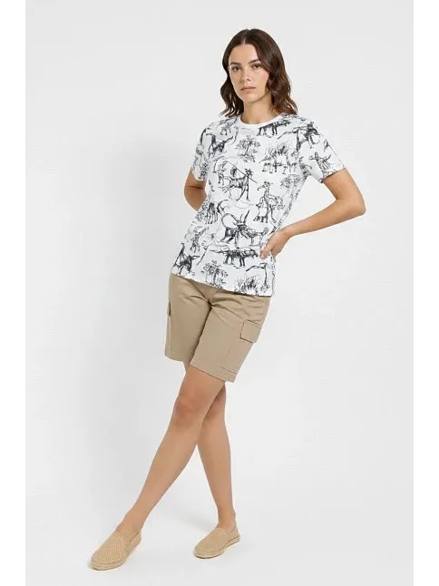 Kadın Beyaz Dinozor Desenli Tişört – Regular Kalıp, Bisiklet Yaka, Dijital Baskılı Pamuklu T-shirt - Beyaz