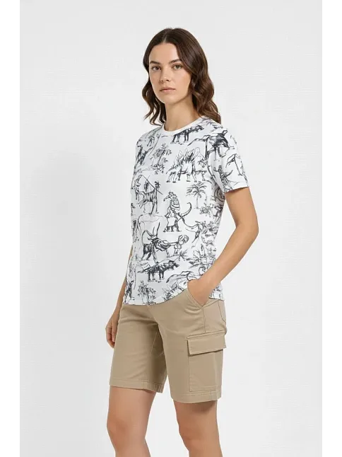 Kadın Beyaz Dinozor Desenli Tişört – Regular Kalıp, Bisiklet Yaka, Dijital Baskılı Pamuklu T-shirt - Beyaz