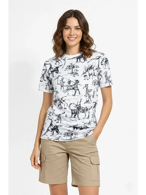 Kadın Beyaz Dinozor Desenli Tişört – Regular Kalıp, Bisiklet Yaka, Dijital Baskılı Pamuklu T-shirt - Beyaz