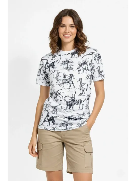 Kadın Beyaz Dinozor Desenli Tişört – Regular Kalıp, Bisiklet Yaka, Dijital Baskılı Pamuklu T-shirt - Beyaz Kadın Beyaz Dinozor Desenli Tişört – Regular Kalıp, Bisiklet Yaka, Dijital Baskılı Pamuklu T-shirt - Beyaz