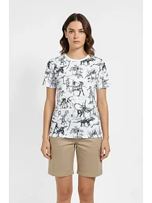 Kadın Beyaz Dinozor Desenli Tişört – Regular Kalıp, Bisiklet Yaka, Dijital Baskılı Pamuklu T-shirt - Beyaz