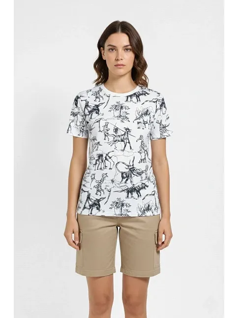 Kadın Beyaz Dinozor Desenli Tişört – Regular Kalıp, Bisiklet Yaka, Dijital Baskılı Pamuklu T-shirt - Beyaz