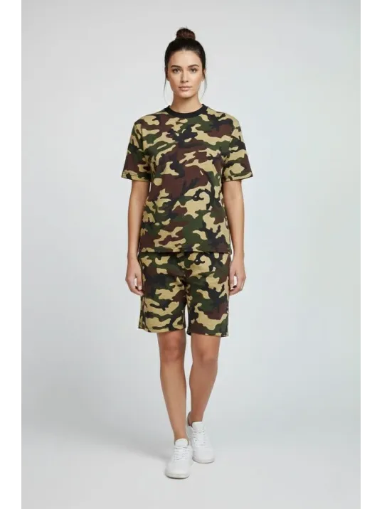 Kadın Kamuflaj Desenli Tişört Şort Takım – Günlük Rahat Kesim Yazlık 2’li Kombin - Kamuflaj