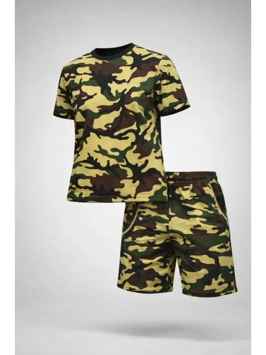Kadın Kamuflaj Desenli Tişört Şort Takım – Günlük Rahat Kesim Yazlık 2’li Kombin - Kamuflaj