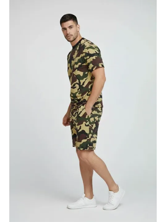 Erkek Kamuflaj Desenli Tişört Şort Takım – Regular Fit Günlük Spor 2’li Yazlık Kombin - Kamuflaj