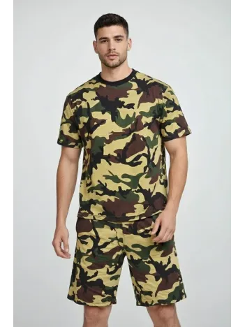 Erkek Kamuflaj Desenli Tişört Şort Takım – Regular Fit Günlük Spor 2’li Yazlık Kombin - Kamuflaj