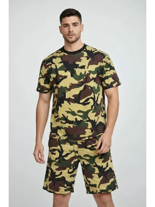Erkek Kamuflaj Desenli Tişört Şort Takım – Regular Fit Günlük Spor 2’li Yazlık Kombin - Kamuflaj