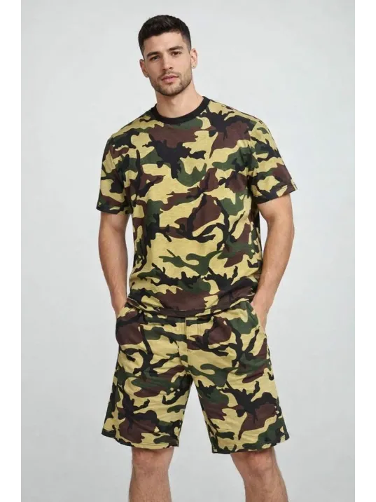 Erkek Kamuflaj Desenli Tişört Şort Takım – Regular Fit Günlük Spor 2’li Yazlık Kombin - Kamuflaj