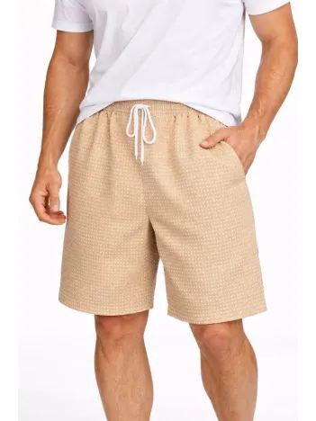 Erkek Pötikareli Şort – Beli Lastikli Bağcıklı, Cepli, Rahat Kesim Günlük Yazlık Şort - Bej