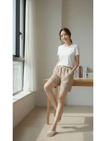 Kadın Pötikareli Şort – Beli Lastikli Bağcıklı, Cepli, Rahat Kesim Günlük Yazlık Şort - Bej Kadın Pötikareli Şort – Beli Lastikli Bağcıklı, Cepli, Rahat Kesim Günlük Yazlık Şort - Bej