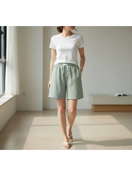 Kadın Pötikareli Şort – Beli Lastikli Bağcıklı, Cepli, Rahat Kesim Günlük Yazlık Şort - Mint Yeşili