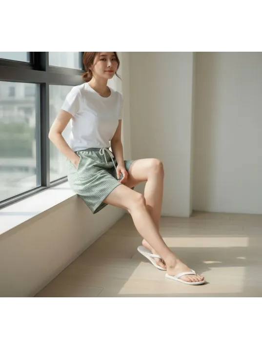 Kadın Pötikareli Şort – Beli Lastikli Bağcıklı, Cepli, Rahat Kesim Günlük Yazlık Şort - Mint Yeşili