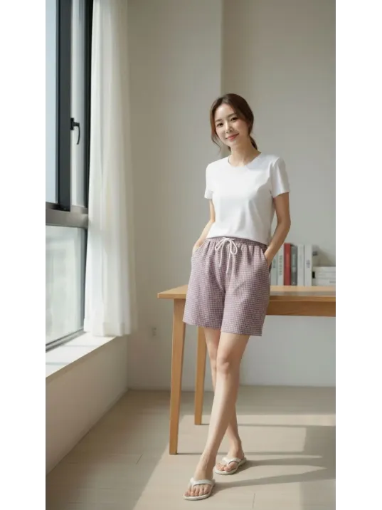 Kadın Pötikareli Şort – Beli Lastikli Bağcıklı, Cepli, Rahat Kesim Günlük Yazlık Şort - Gül Kurusu