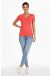 Kadın T-shirt V Yaka Slim Fit Likralı Tişört Günlük Basic Body - Nar Çiçeği