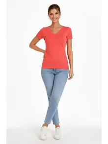 Kadın T-shirt V Yaka Slim Fit Likralı Tişört Günlük Basic Body - Nar Çiçeği