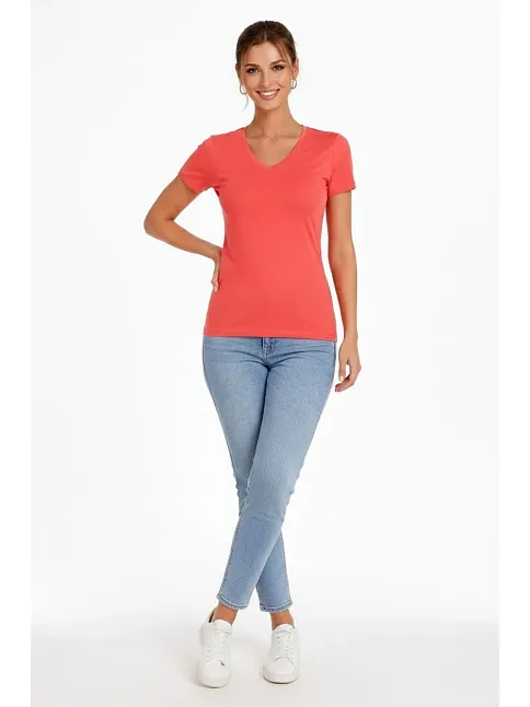 Kadın T-shirt V Yaka Slim Fit Likralı Tişört Günlük Basic Body - Nar Çiçeği