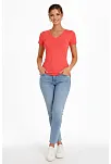 Kadın T-shirt V Yaka Slim Fit Likralı Tişört Günlük Basic Body - Nar Çiçeği