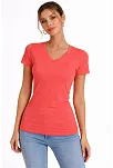 Kadın T-shirt V Yaka Slim Fit Likralı Tişört Günlük Basic Body - Nar Çiçeği