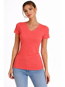 Kadın T-shirt V Yaka Slim Fit Likralı Tişört Günlük Basic Body - Nar Çiçeği