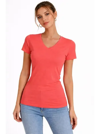 Kadın T-shirt V Yaka Slim Fit Likralı Tişört Günlük Basic Body - Nar Çiçeği