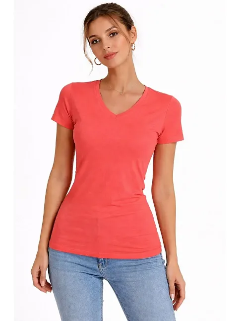 Kadın T-shirt V Yaka Slim Fit Likralı Tişört Günlük Basic Body - Nar Çiçeği