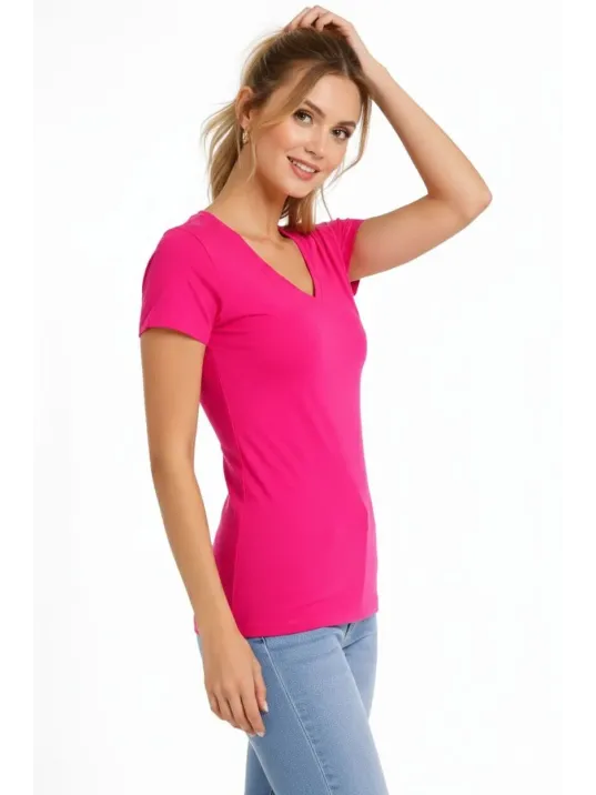 Kadın T-shirt V Yaka Slim Fit Likralı Tişört Günlük Basic Body - Pembe