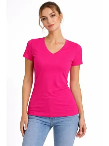 Kadın T-shirt V Yaka Slim Fit Likralı Tişört Günlük Basic Body - Pembe