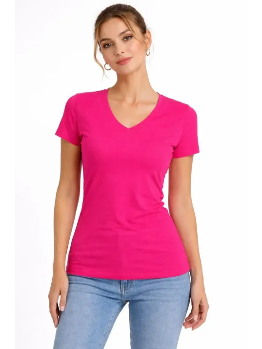 Kadın T-shirt V Yaka Slim Fit Likralı Tişört Günlük Basic Body - Pembe