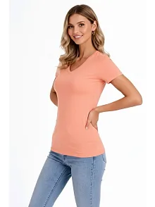 Kadın T-shirt V Yaka Slim Fit Likralı Tişört Günlük Basic Body - Toz Pembe