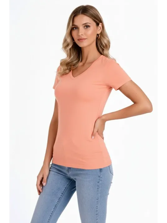 Kadın T-shirt V Yaka Slim Fit Likralı Tişört Günlük Basic Body - Toz Pembe Kadın T-shirt V Yaka Slim Fit Likralı Tişört Günlük Basic Body - Toz Pembe