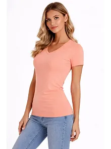 Kadın T-shirt V Yaka Slim Fit Likralı Tişört Günlük Basic Body - Toz Pembe