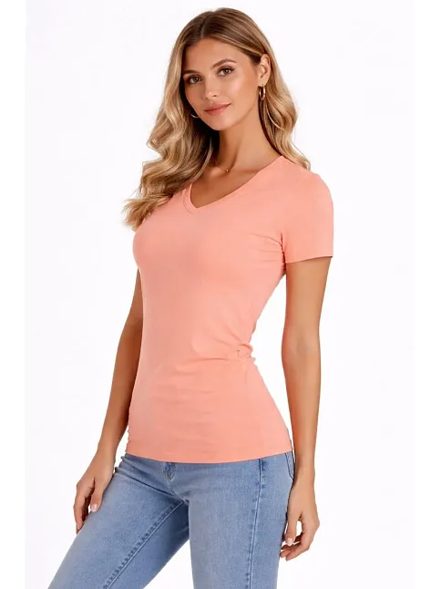 Kadın T-shirt V Yaka Slim Fit Likralı Tişört Günlük Basic Body - Toz Pembe