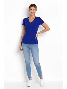 Kadın T-shirt V Yaka Slim Fit Likralı Tişört Günlük Basic Body - İndigo