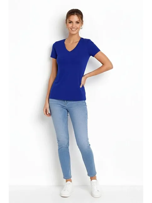Kadın T-shirt V Yaka Slim Fit Likralı Tişört Günlük Basic Body - İndigo