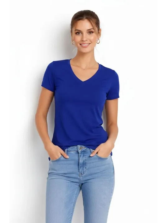 Kadın T-shirt V Yaka Slim Fit Likralı Tişört Günlük Basic Body - İndigo