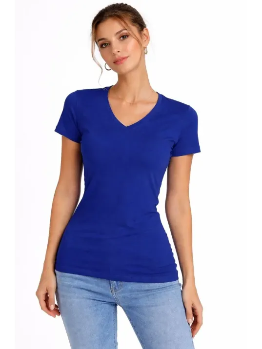 Kadın T-shirt V Yaka Slim Fit Likralı Tişört Günlük Basic Body - İndigo