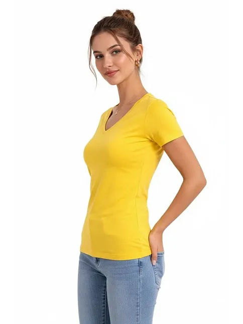 Kadın T-shirt V Yaka Slim Fit Likralı Tişört Günlük Basic Body - Sarı