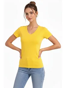 Kadın T-shirt V Yaka Slim Fit Likralı Tişört Günlük Basic Body - Sarı