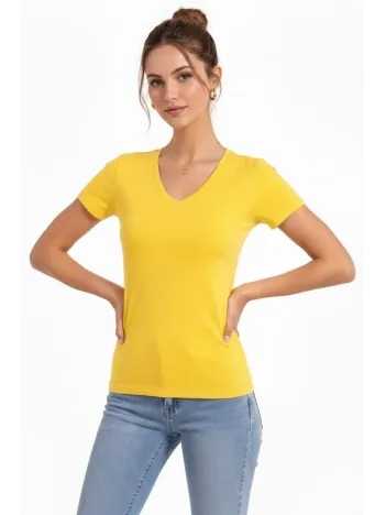 Kadın T-shirt V Yaka Slim Fit Likralı Tişört Günlük Basic Body - Sarı