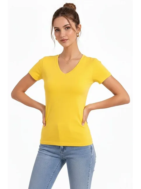 Kadın T-shirt V Yaka Slim Fit Likralı Tişört Günlük Basic Body - Sarı