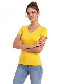 Kadın T-shirt V Yaka Slim Fit Likralı Tişört Günlük Basic Body - Sarı