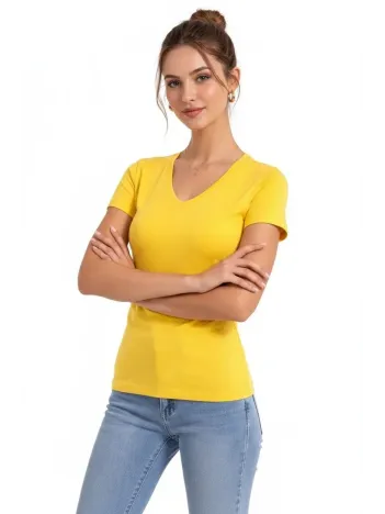 Kadın T-shirt V Yaka Slim Fit Likralı Tişört Günlük Basic Body - Sarı Kadın T-shirt V Yaka Slim Fit Likralı Tişört Günlük Basic Body - Sarı