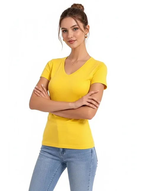 Kadın T-shirt V Yaka Slim Fit Likralı Tişört Günlük Basic Body - Sarı