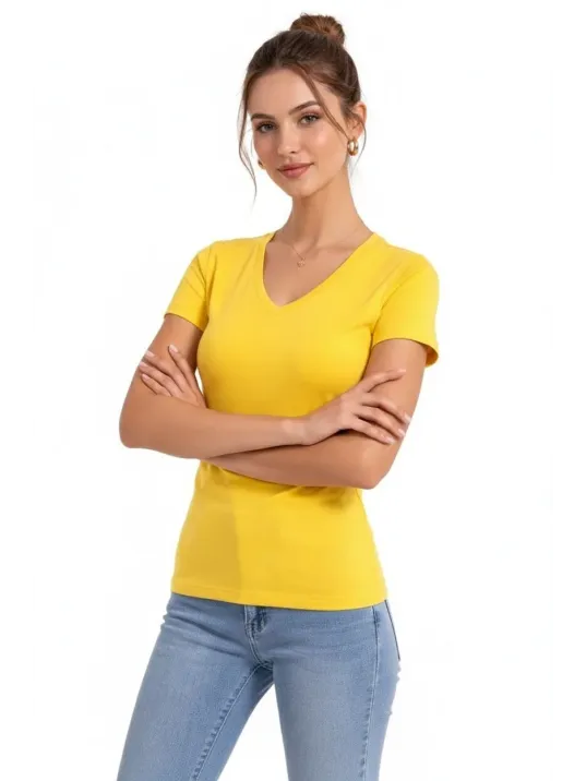 Kadın T-shirt V Yaka Slim Fit Likralı Tişört Günlük Basic Body - Sarı