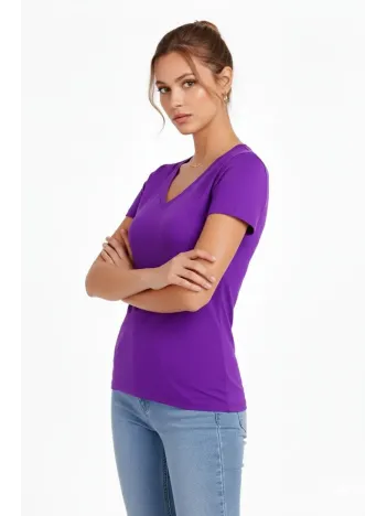 Kadın T-shirt V Yaka Slim Fit Likralı Tişört Günlük Basic Body - Mor