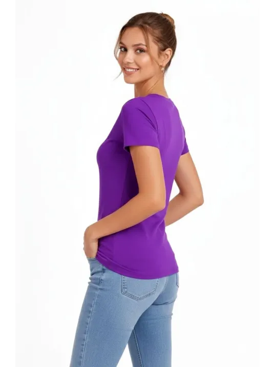Kadın T-shirt V Yaka Slim Fit Likralı Tişört Günlük Basic Body - Mor