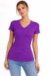 Kadın T-shirt V Yaka Slim Fit Likralı Tişört Günlük Basic Body - Mor
