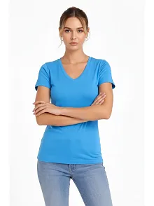 Kadın T-shirt V Yaka Slim Fit Likralı Tişört Günlük Basic Body - Açık Mavi